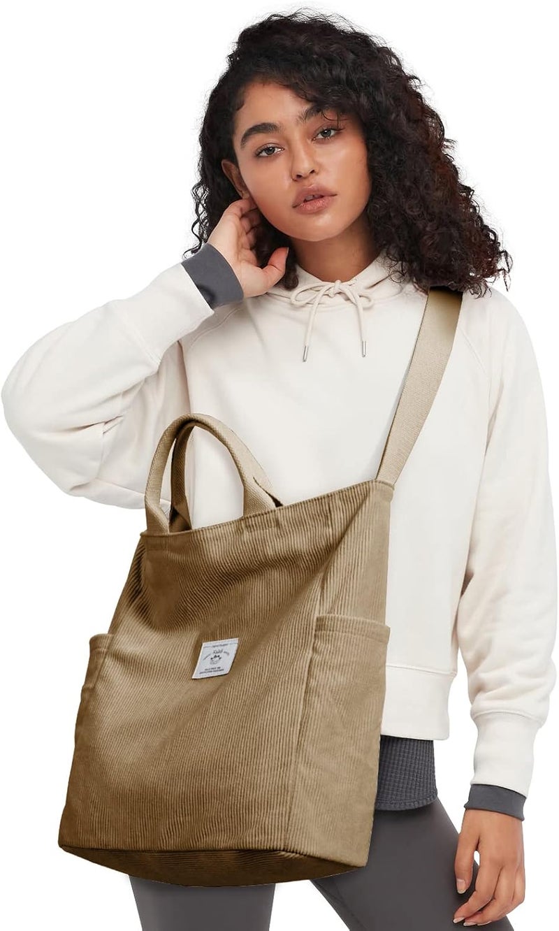 KALIDI Corduroy Tote Bag, Large Messenger Bag Shoulder Hobo Anti Splash Crossbody Zipper Bag Casual Work Shopping Women - Image 2